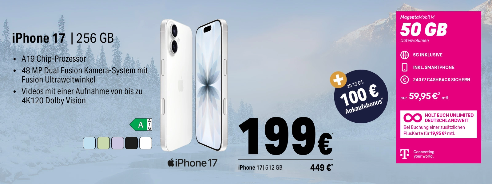 Angebot für iPhone 17 mit 256 GB Speicher, 5G-Tarif, 50 GB Datenvolumen und Cashback.