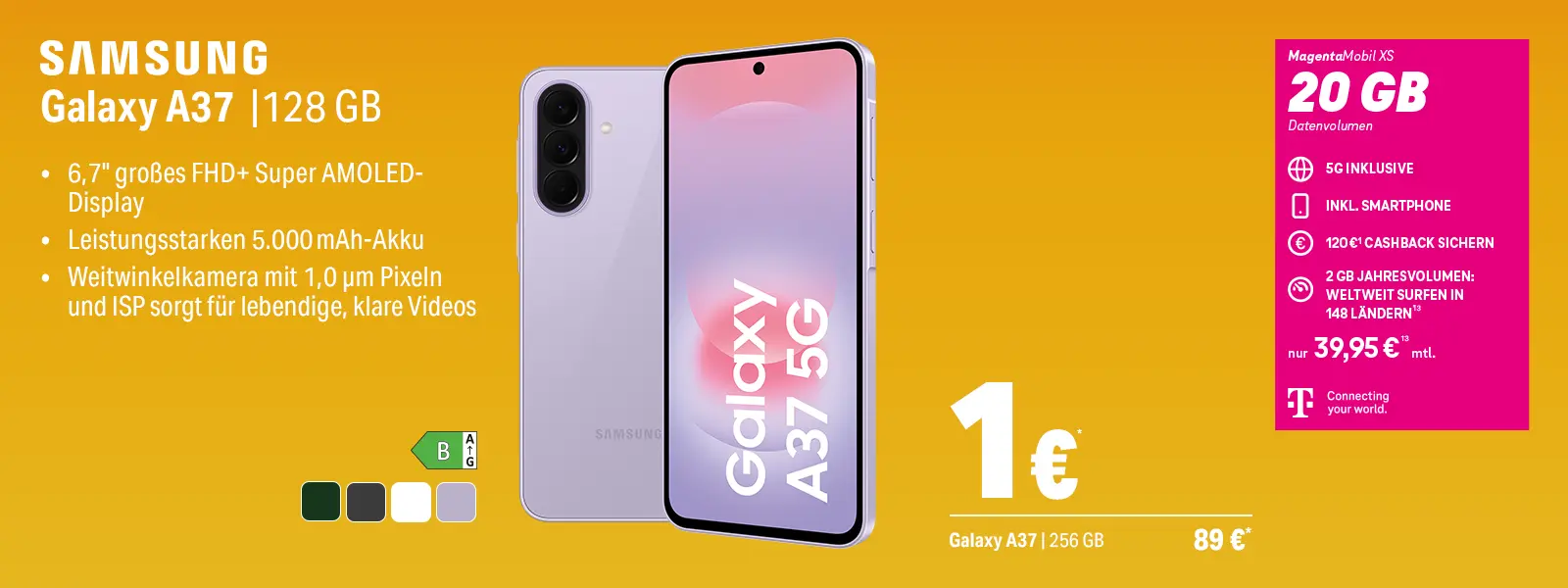 Werbebanner Samsung Galaxy A37 5G Smartphone mit Tarif und 20 GB Datenvolumen