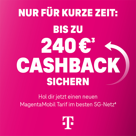 Magenta Werbegrafik für MagentaMobil Tarif mit 5G-Netz und zeitlich begrenztem Cashback-Angebot.